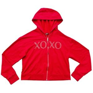 XOXO Bling Cherry Red Y2K Hoodie Zip Up Sweater Womens Size Medium, 2000s Style